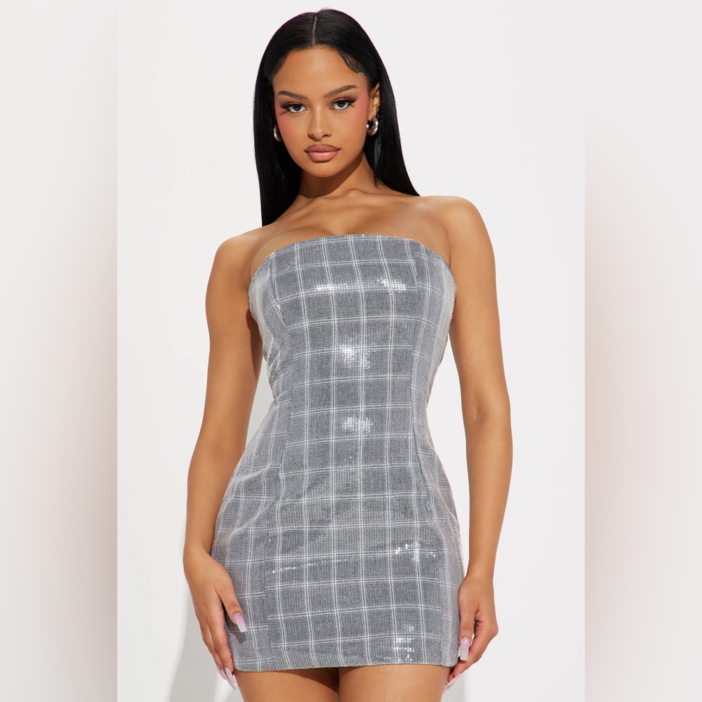 As If Silver Sequin Mini Strapless Dress